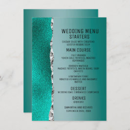 Luxe Blauwgroen Turquoise Zilveren Glitter Bruilof Menu