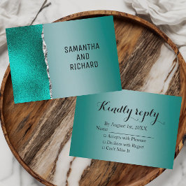 Luxe Blauwgroen Turquoise Zilveren Glitter Bruilof RSVP Kaartje