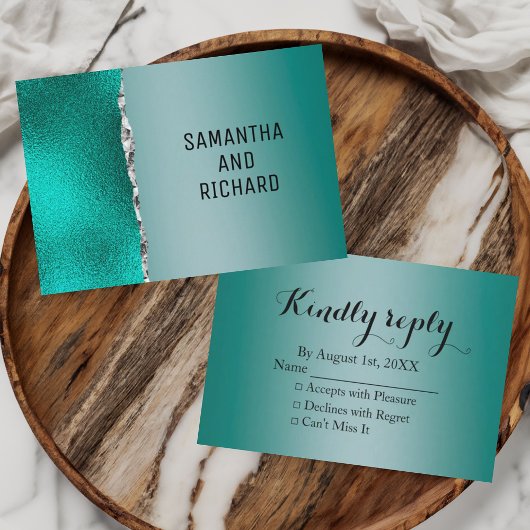 Luxe Blauwgroen Turquoise Zilveren Glitter Bruilof RSVP Kaartje