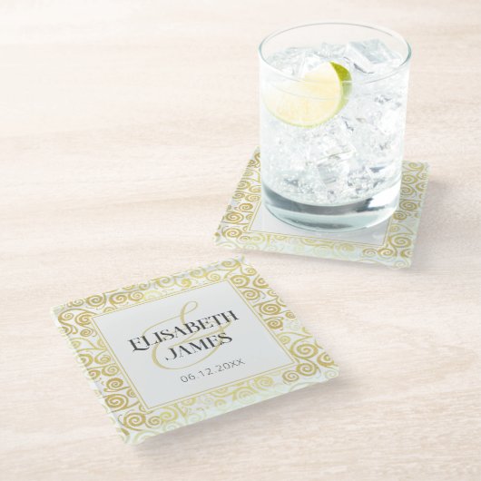 Luxe Bloei Chic Winter Wit En Gouden Bruiloft Glazen Onderzetter (Schuin)