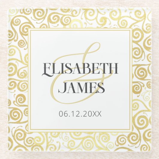 Luxe Bloei Chic Winter Wit En Gouden Bruiloft Glazen Onderzetter (Voorkant)