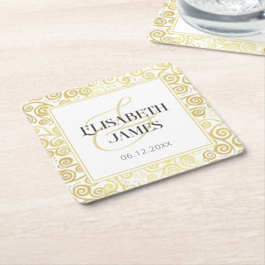 Luxe Bloei Chic Winter Wit En Gouden Bruiloft Kartonnen Onderzetters (Schuin)