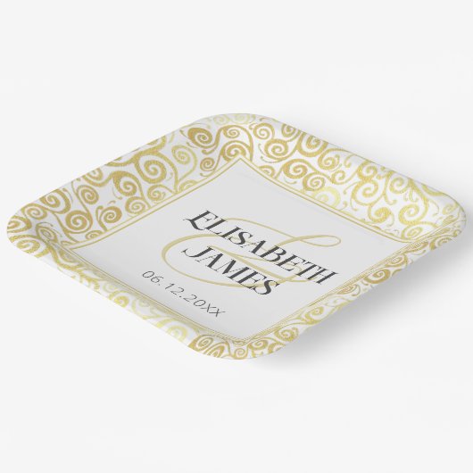 Luxe Bloei Chic Winter Wit En Gouden Bruiloft Papieren Bordje (Gebogen)