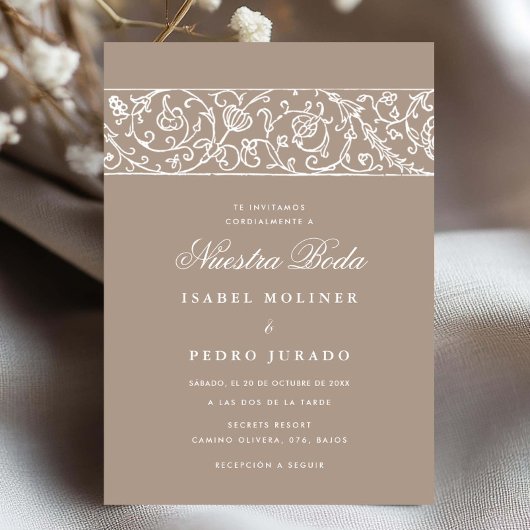 Luxe bloem beige & wit Nuestra Boda bruiloft Kaart