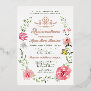 Luxe bloem roze Vlinders Tiara Quinceañera Folie Uitnodiging