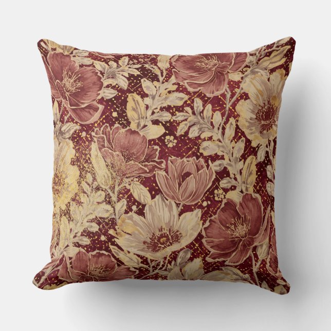 Luxe Bloemen, Goud Maroon, Elegant Schoon Kussen (Voorkant)