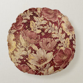 Luxe Bloemen, Goud Maroon, Elegant Schoon Rond Kussen