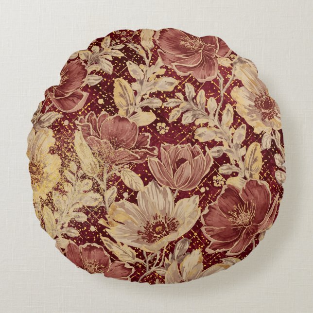 Luxe Bloemen, Goud Maroon, Elegant Schoon Rond Kussen (Voorkant)