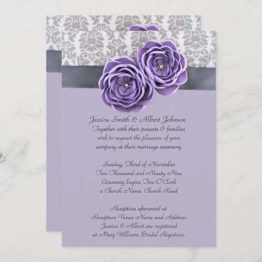 Luxe Bloemen Lavendel Ribbon Belt Bruiloft Uitnodi Kaart (Voorkant / Achterkant)