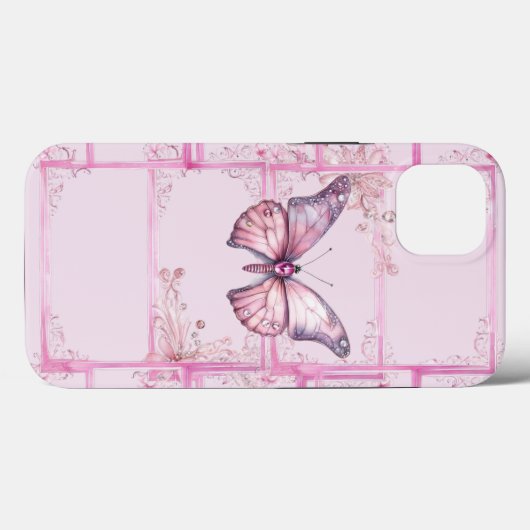 Luxe Bloemen Roze Vlinder iPhone 13 Hoesje (Achterkant (horizontaal))