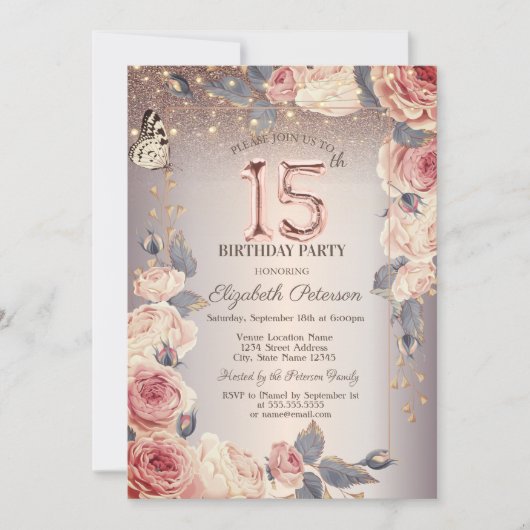 Luxe Bloemen, Vlinder, Lichten 15e Verjaardag Kaart (Voorkant)