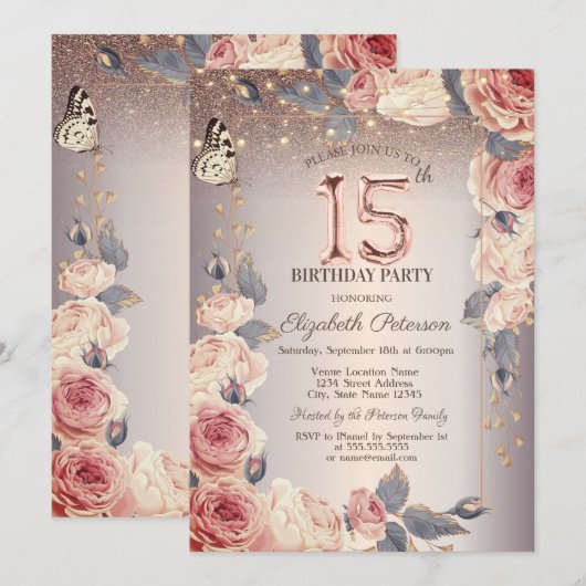 Luxe Bloemen, Vlinder, Lichten 15e Verjaardag Kaart (Voorkant / Achterkant)