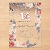 Luxe Bloemen, Vlinder, Lichten 16e Verjaardag Acryl Uitnodigingen (Voorkant)