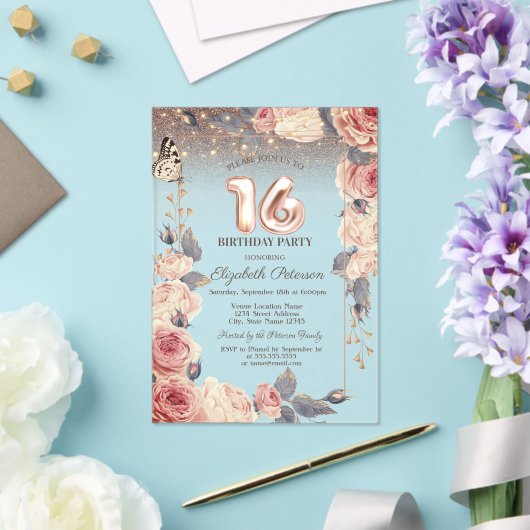 Luxe Bloemen, Vlinder, Lichten 16e Verjaardag Acryl Uitnodigingen (Insitu (Huwelijk))