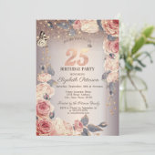 Luxe Bloemen, Vlinder, Lichten 25e Verjaardag Kaart (Staand voorkant)