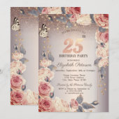 Luxe Bloemen, Vlinder, Lichten 25e Verjaardag Kaart (Voorkant / Achterkant)