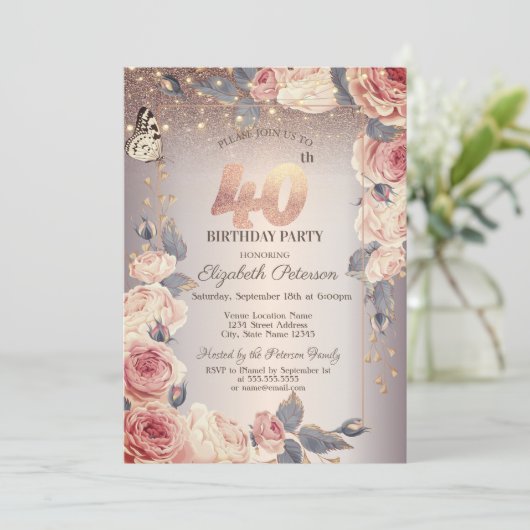 Luxe Bloemen, Vlinder, Lichten 40ste Verjaardag Kaart (Staand voorkant)