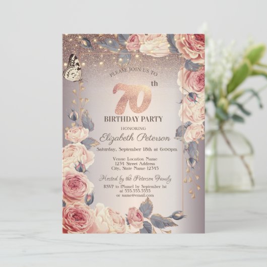 Luxe Bloemen, Vlinder, Lichten 70ste Verjaardag Kaart (Staand voorkant)