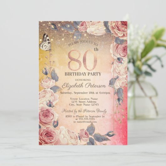 Luxe Bloemen, Vlinder, Lichten Ombre 80ste Verjaar Kaart (Staand voorkant)