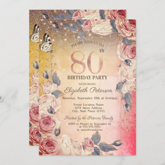 Luxe Bloemen, Vlinder, Lichten Ombre 80ste Verjaar Kaart (Voorkant / Achterkant)