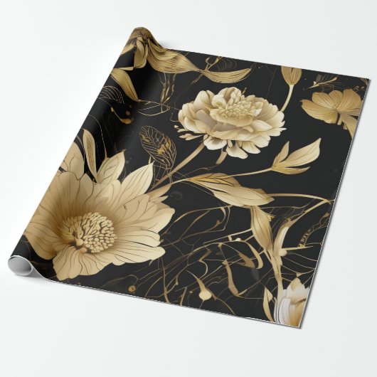 Luxe bloemen: zwart en goud elegantie cadeaupapier (Uitgerold)