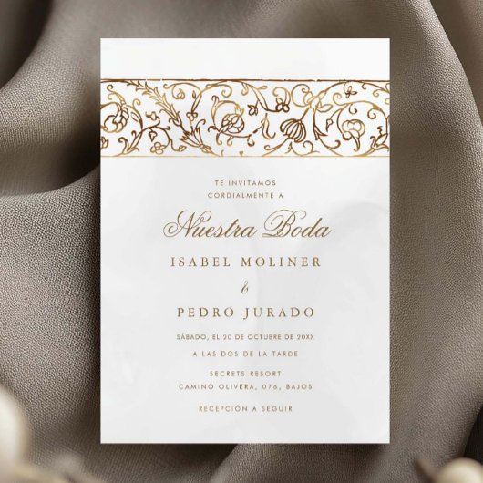 Luxe bloemengold & crème Nuestra Boda bruiloft Kaart
