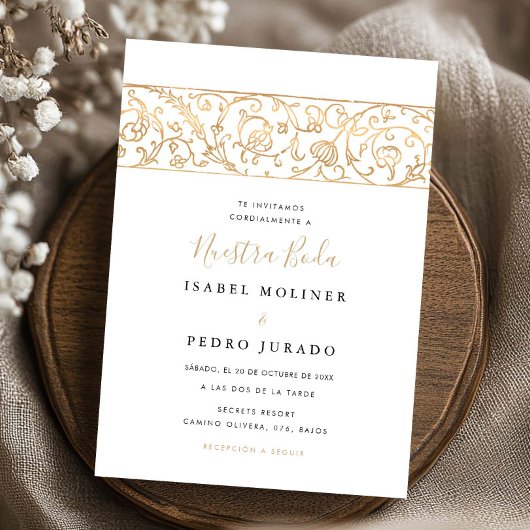 Luxe bloemengoud & witte Nuestra Boda-huwelijk Kaart