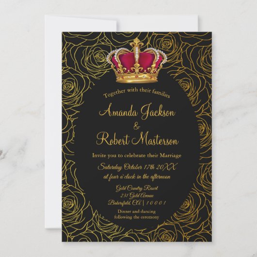 Luxe Bloemengoud Zwart  Kroonhuwelijk Kaart (Voorkant)