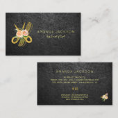 Luxe bloemengoud zwart lederen haarstylist visitekaartje (Voorkant / Achterkant)