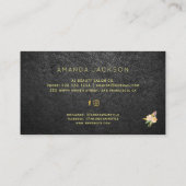 Luxe bloemengoud zwart lederen haarstylist visitekaartje (Achterkant)