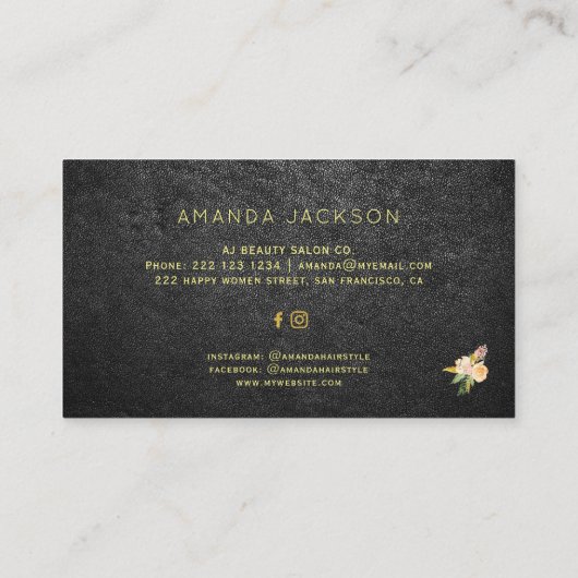 Luxe bloemengoud zwart lederen haarstylist visitekaartje (Achterkant)