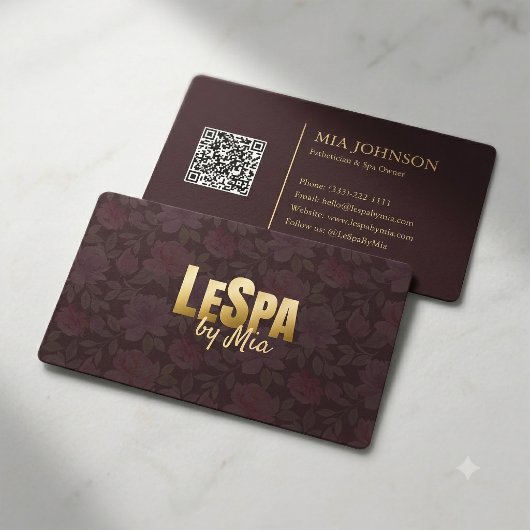 Luxe Bloemenspa Burgundy Gouden QR-code Visitekaartje