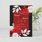Luxe bloemenzwart, wit en rood bruiloft kaart (Staand voorkant)