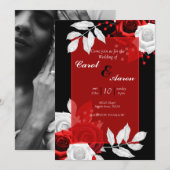 Luxe bloemenzwart, wit en rood bruiloft kaart (Voorkant / Achterkant)