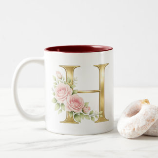 Luxe Bloemige Monogram Letter H – Elegante Gouden  Tweekleurige Koffiemok