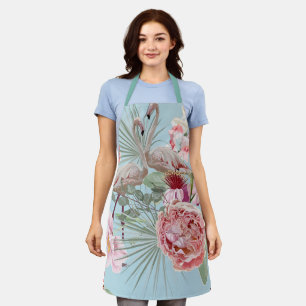 Luxe bloemmotief en flamingo helder blauwe lucht m schort