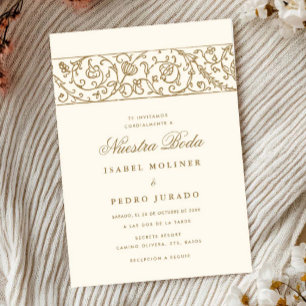 Luxe Bloemrijke Crème & Goud Nuestra Boda Trouwen Kaart