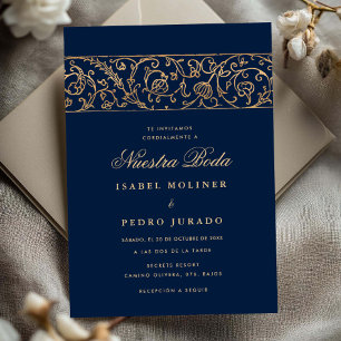 Luxe Bloemrijke Goud Navy Blauwe Nuestra Boda Trou Kaart