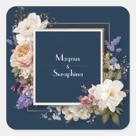 Luxe Bloemrijke Navy Blush Goud Dubbel Frame Trouw Vierkante Sticker