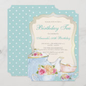 Luxe bloemrijke verjaardags theeparty met polka st kaart (Voorkant / Achterkant)