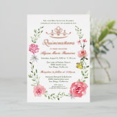 Luxe bloemroze vlinders Tiara Quinceañera Folie Uitnodiging (Staand Voorkant)