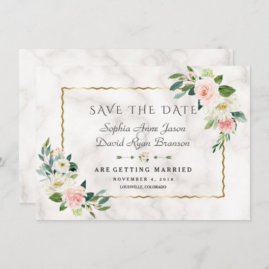 Luxe Blozemen in Roze Tinten Gouden Lijst Marmeren Save The Date (Voorkant / Achterkant)