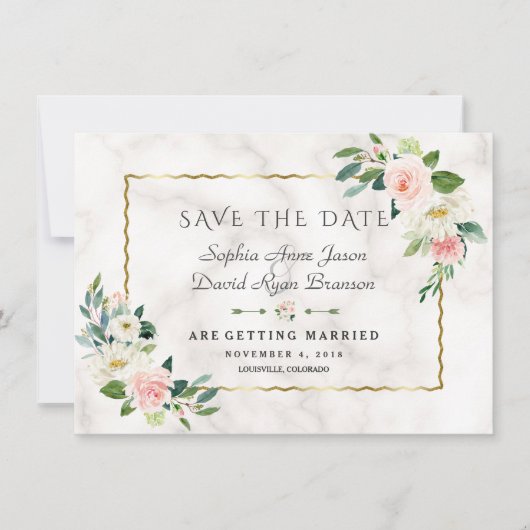 Luxe Blozende Bloemen Gouden Lijst Marmeren Huweli Save The Date (Voorkant)