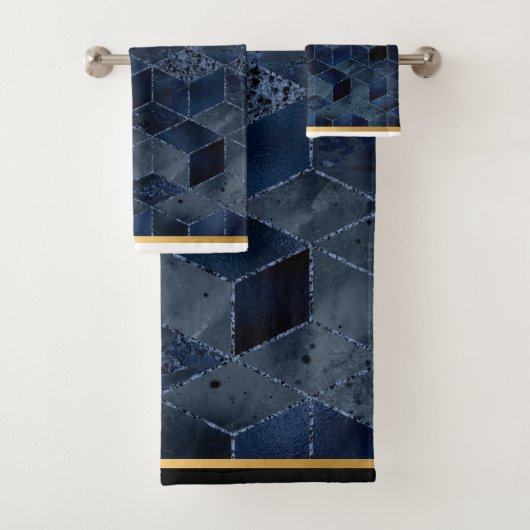 LUXE BLUE BRICK GEOMETRISCH GOLD BATHROOM TOWEL BAD HANDDOEK (Insitu)