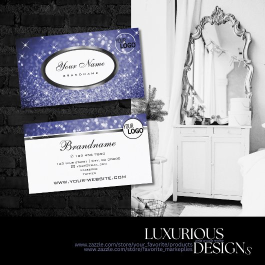Luxe Blue Glitter Sparkle Shimmer Sterren en Logo Visitekaartje