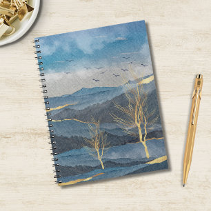 Luxe Blue Gold Mountains Trees Birds Sky Landschap Notitieboek