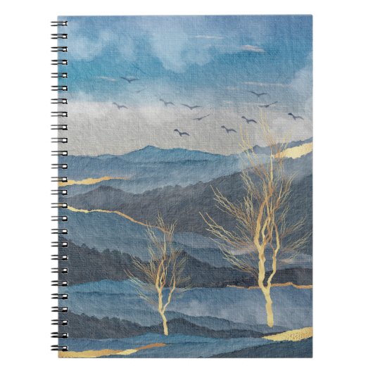 Luxe Blue Gold Mountains Trees Birds Sky Landschap Notitieboek (Voorkant)