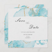 Luxe Blue Gold Waterverf Abstract Opslaan Datum Kaart (Voorkant / Achterkant)