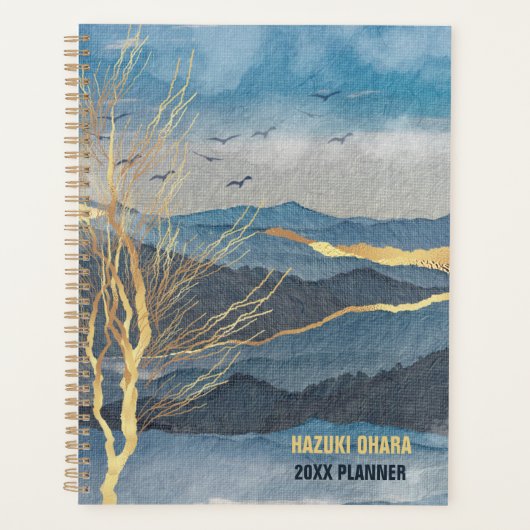 Luxe Blue Gold Waterverf Mountain Planner (Voorkant)