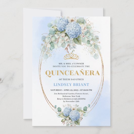 Luxe Blue Hydrangeas Greenery 15th Birthday Invite Kaart (Voorkant)